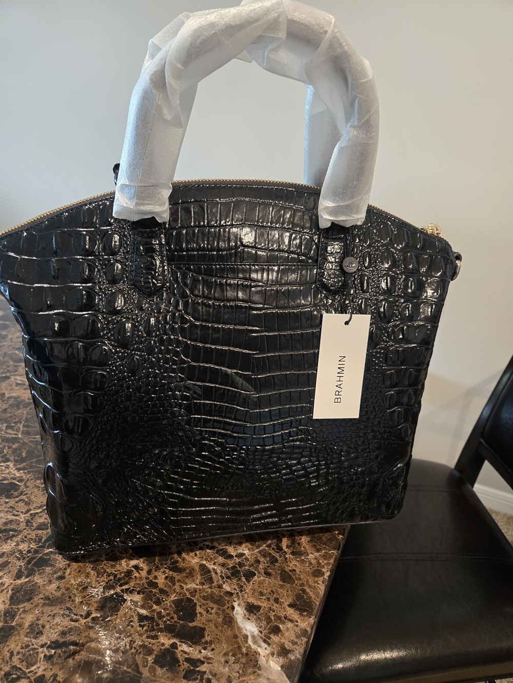 Brahmin Black Croc-Embossed Satchel with Gold Accent - Picture 2 of 2